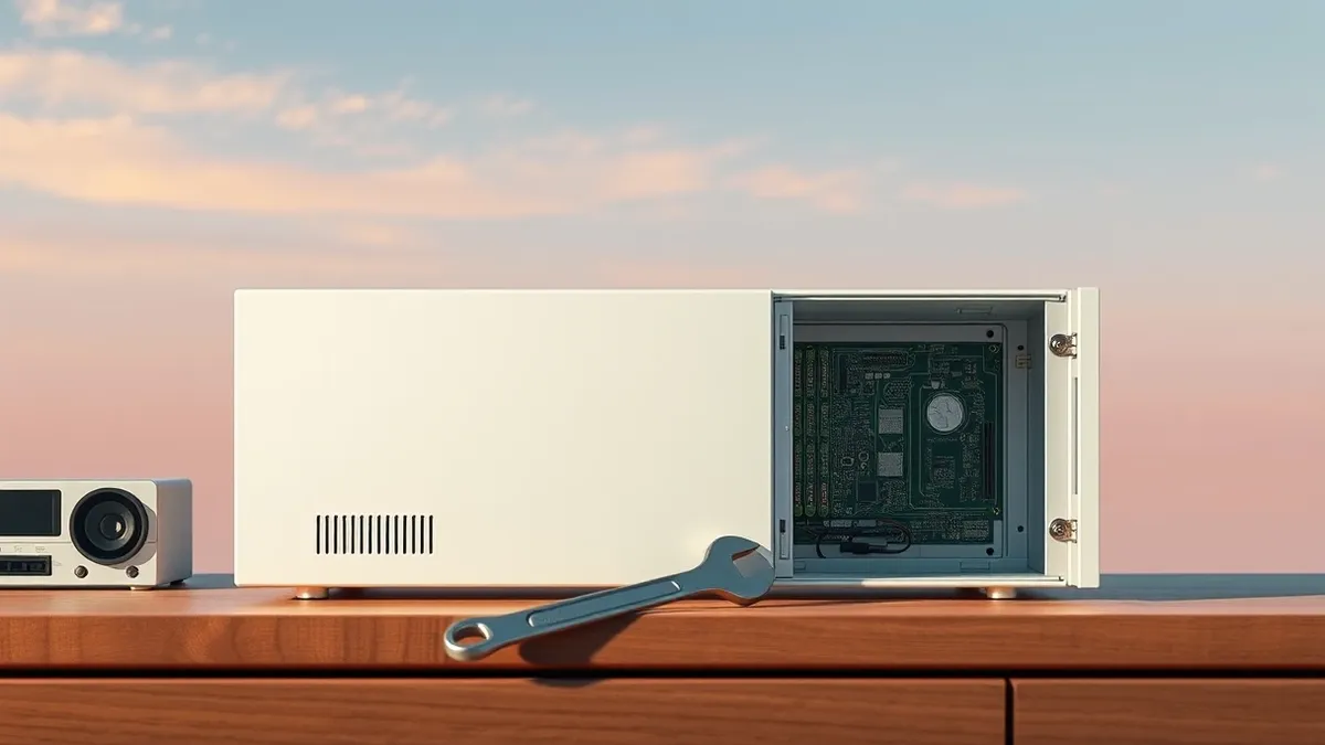 Illustration: A white security appliance sits on a wooden desk with its front panel open, exposing internal circuit boards.