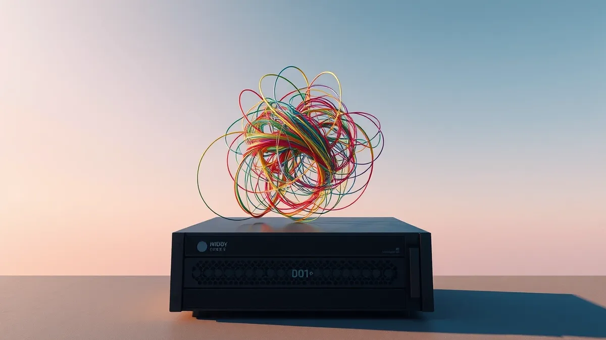 Illustration: A tangled knot of colorful fibers sits atop a sleek black server box.