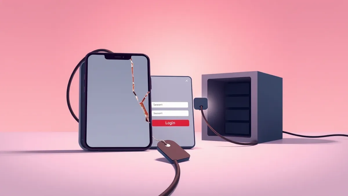 Illustration: A cracked smartphone screen displays a blank login interface with a jagged red line splitting the display.