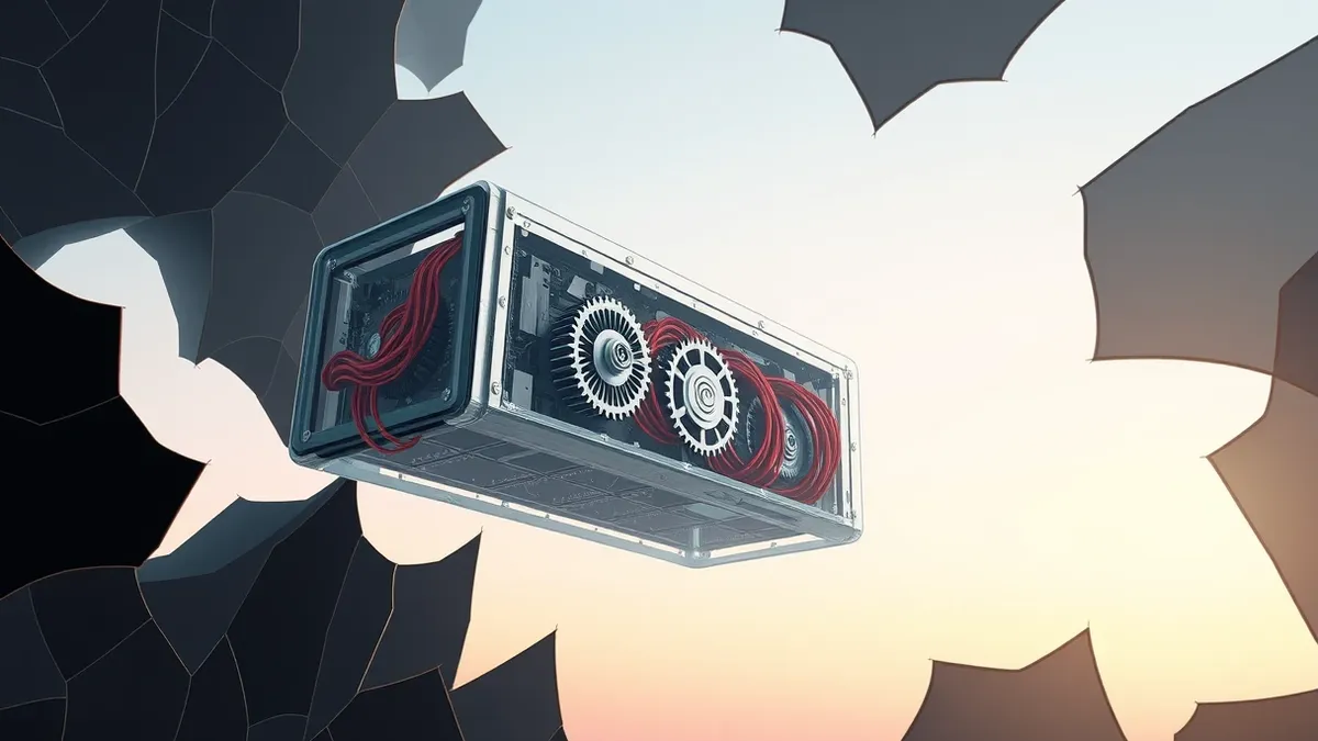 Illustration: A sleek, silver serverless function module floats in mid-air, its internal gears exposed and tangled with red warning threads.