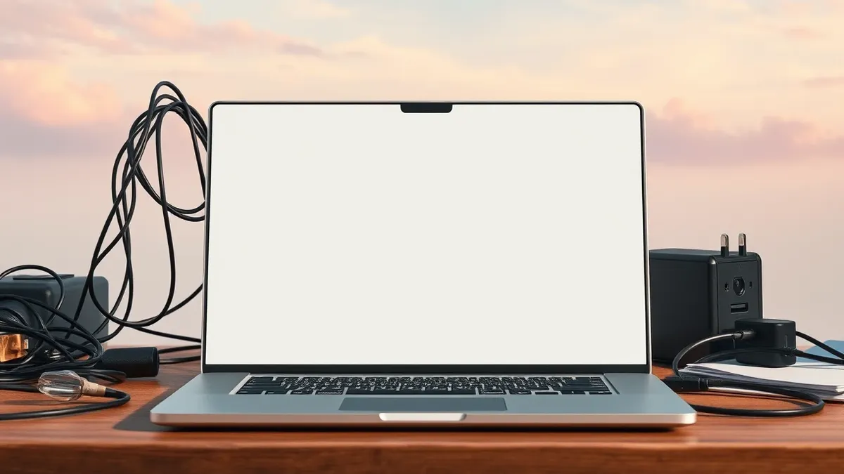 Illustration: A sleek silver laptop sits open on a cluttered wooden desk, its blank screen reflecting the ambient light.