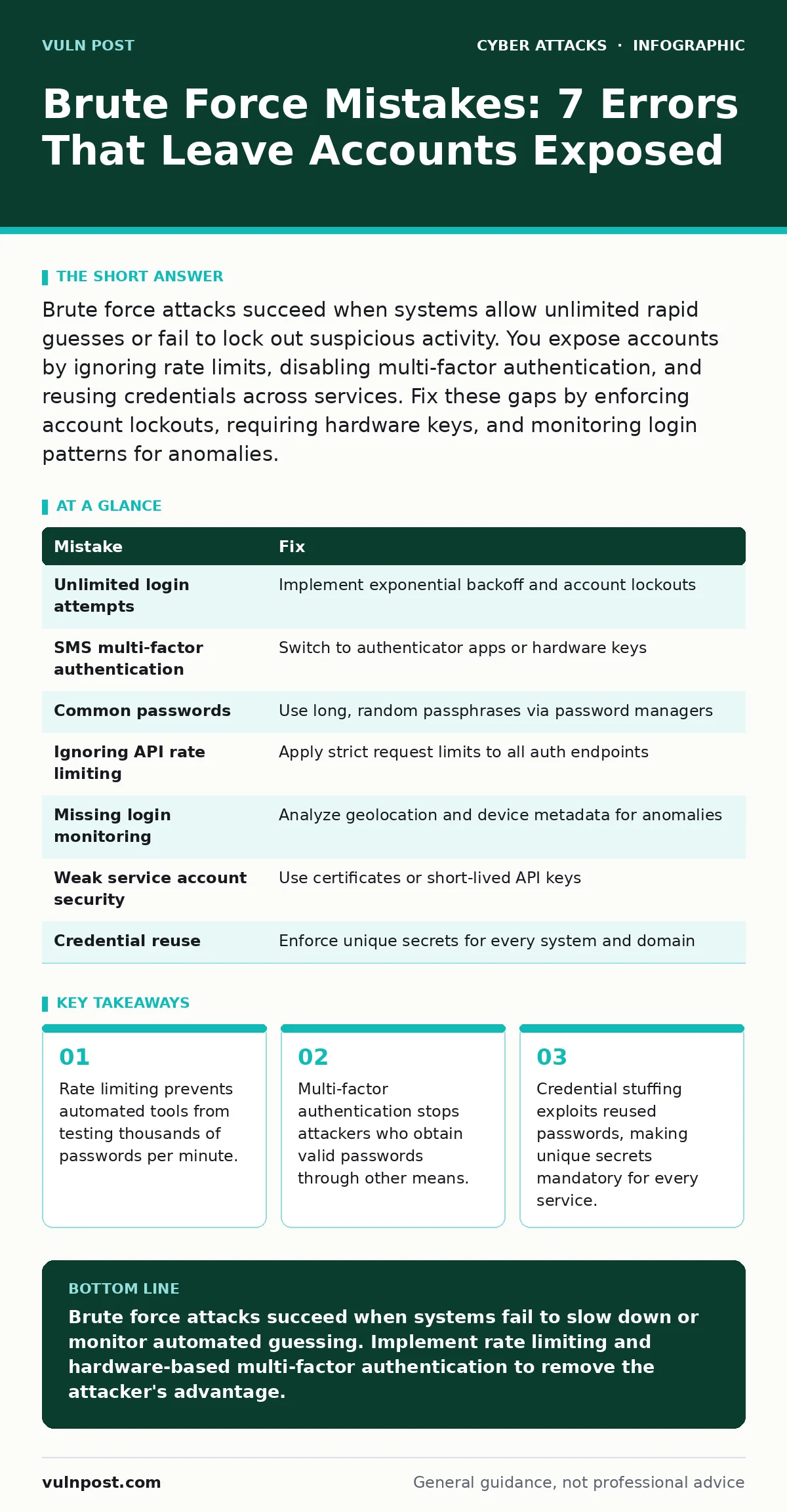 Infographic: Brute Force Mistakes: 7 Errors That Leave Accounts Exposed. Rate limiting prevents automated tools from testing thousands of passwords per minute. Multi-factor authentication stops attackers who obtain valid passwords through other means. Credential stuffing exploits reused passwords, m
