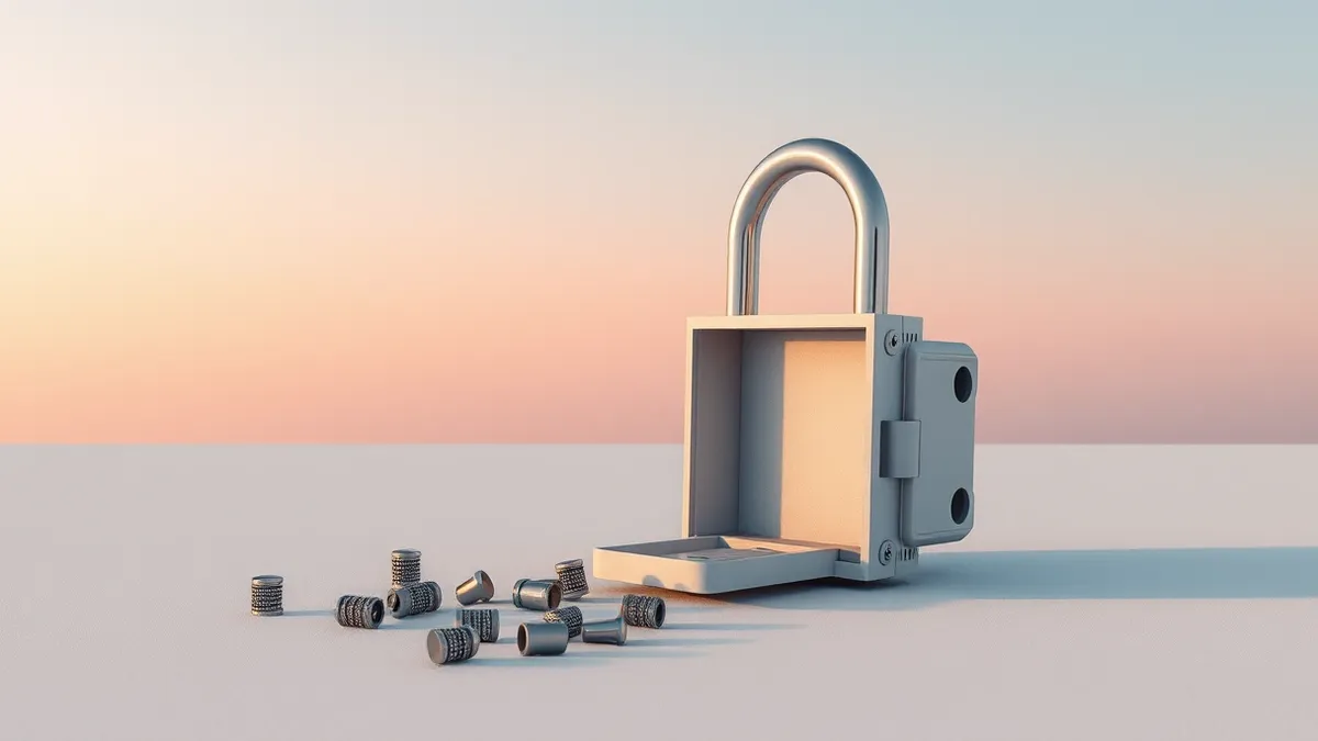 Illustration: A blank digital lock sits exposed on a plain surface, its protective tumblers removed and scattered aside.