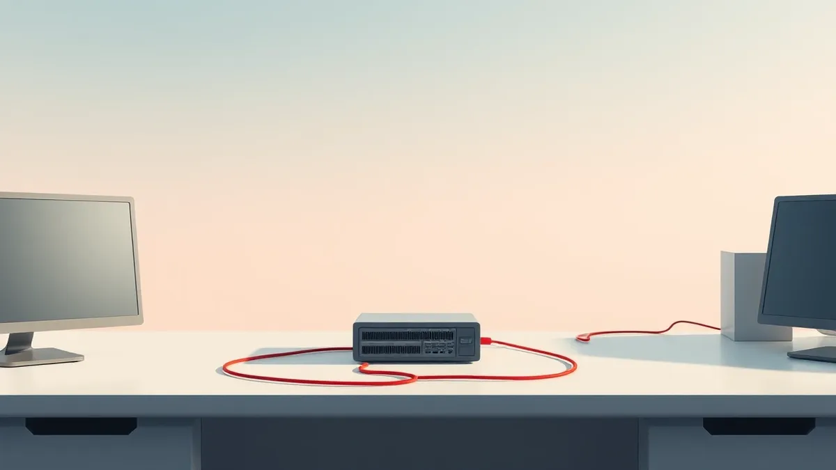 Illustration: A single, isolated network storage volume sits on a plain desk.