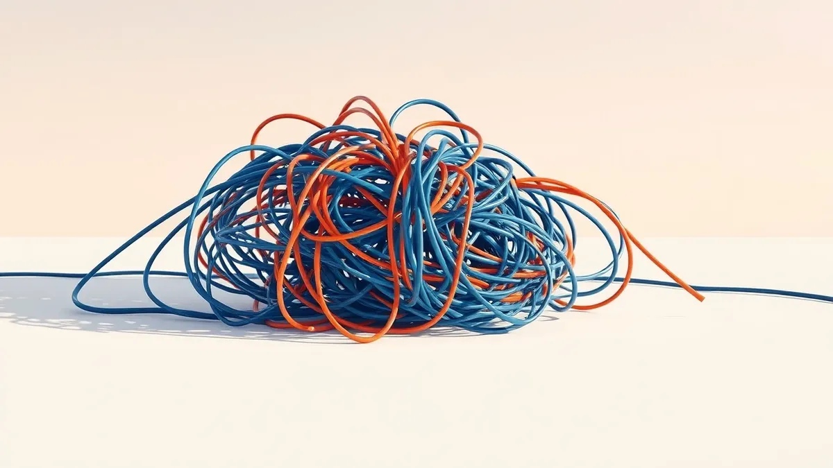 Illustration: A tangled knot of blue and orange cables sits on a clean white surface.