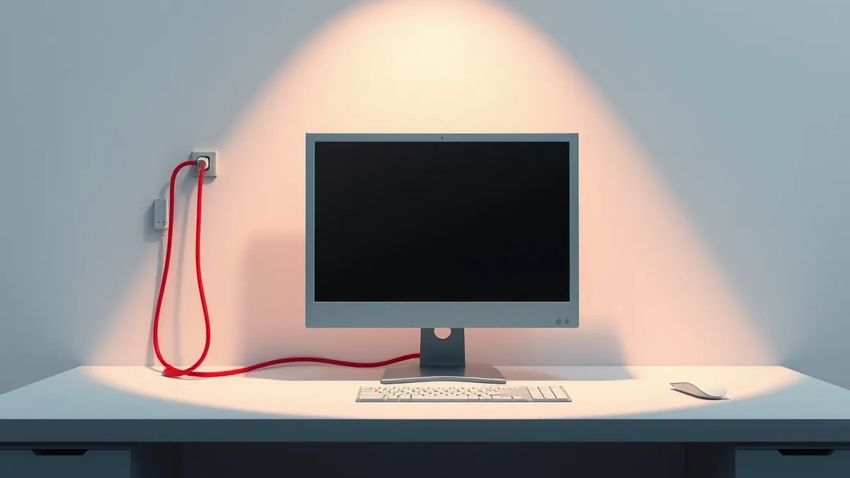 Illustration: An empty office desk holds a generic desktop computer with a blank, dark monitor.