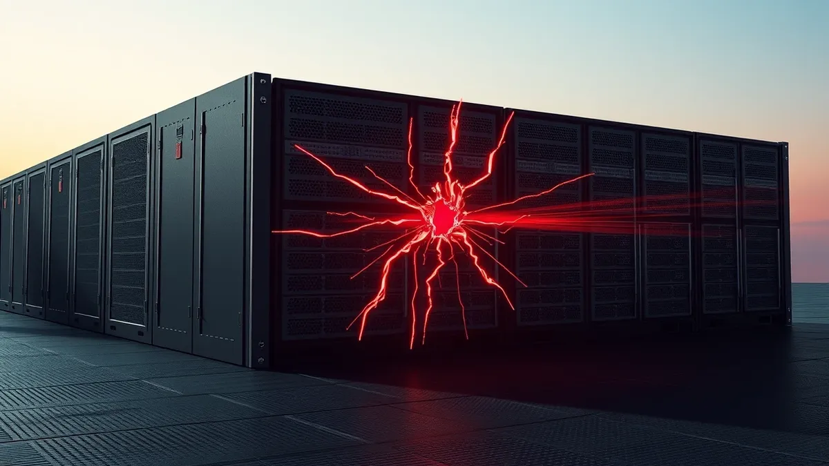 Illustration: A cracked server blade sits isolated on a dark maintenance floor.