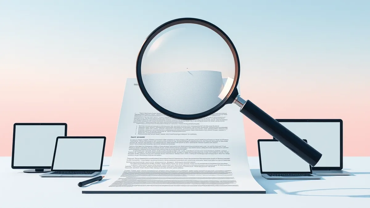 Illustration: A magnifying glass hovers over a printed document, highlighting a single subtle inconsistency in the paper's texture.