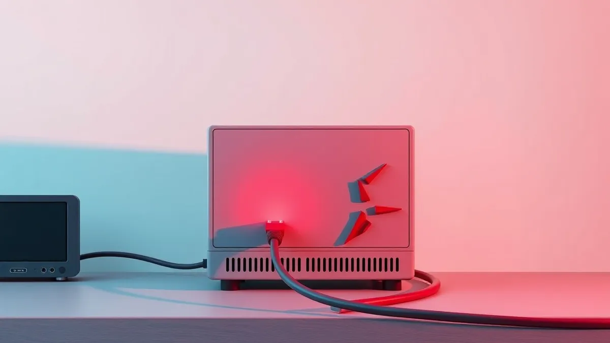 Illustration: A standalone network appliance sits on a desk, its blank front panel illuminated by a single red warning light.