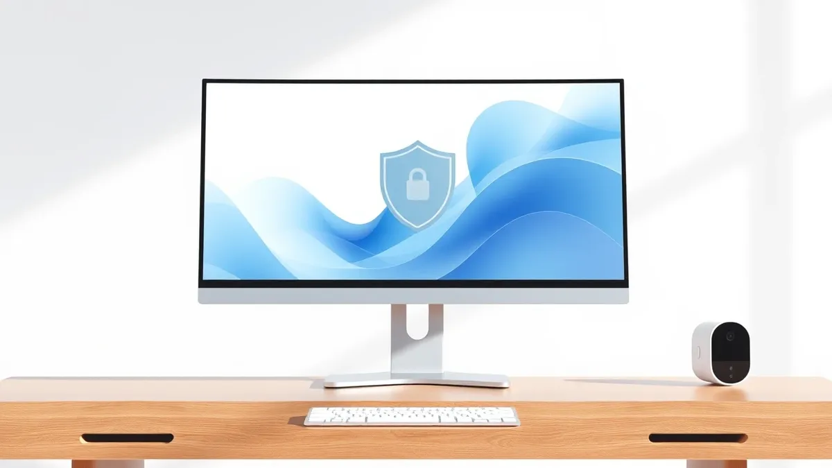 Illustration: A sleek desktop computer sits on a minimalist wooden desk with a blank monitor displaying soft abstract blue shapes.