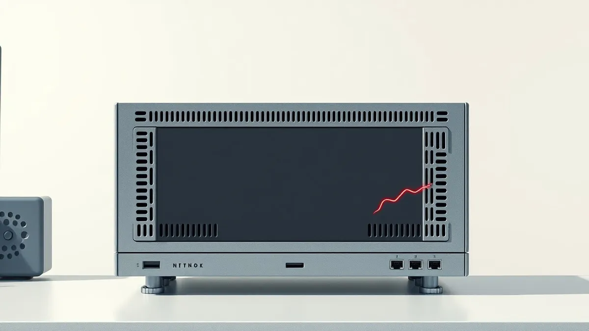 Illustration: A gray metal network appliance sits on a desk, its blank front panel displaying only abstract geometric shapes.