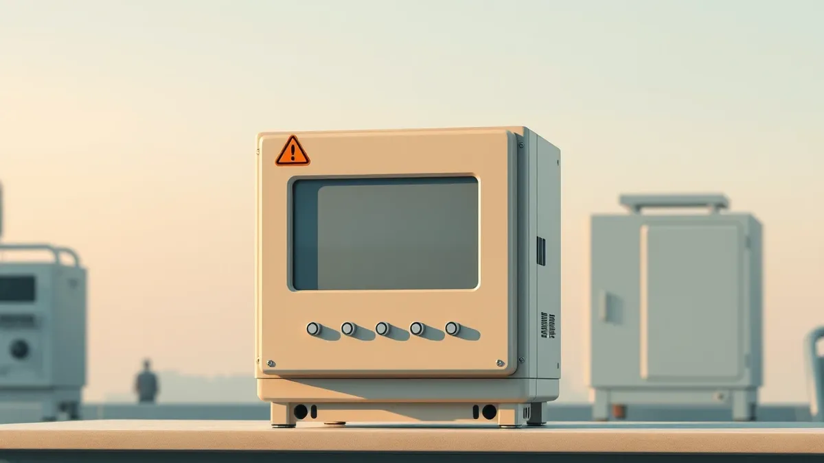Illustration: A beige industrial control module sits on a workbench, its front panel featuring four small circular indicator lights and a blank display screen.