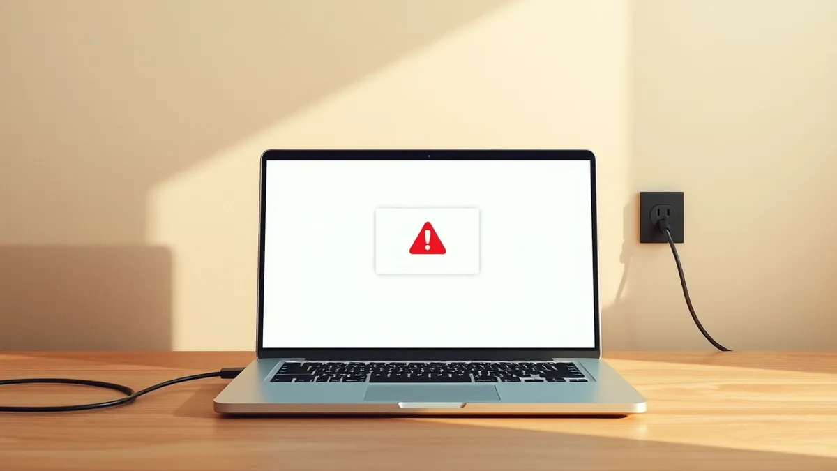 Illustration: A silver laptop sits on a wooden desk, its screen displaying a single red warning triangle inside a white dialog box.