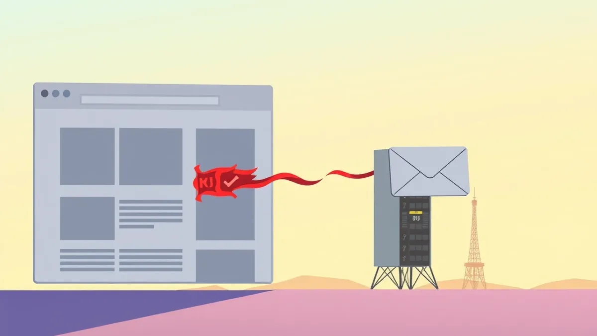 Illustration: A split composition shows a web browser window on the left injecting a jagged red script icon into a page layout.