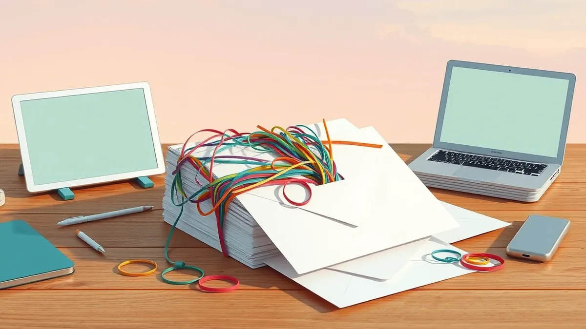 Illustration: A tangled bundle of colorful rubber bands secures a stack of blank white envelopes on a wooden desk.
