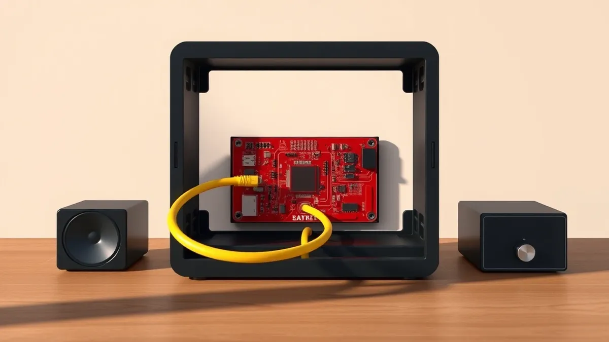Illustration: A sleek black network gateway box sits on a wooden desk with its side panel removed.