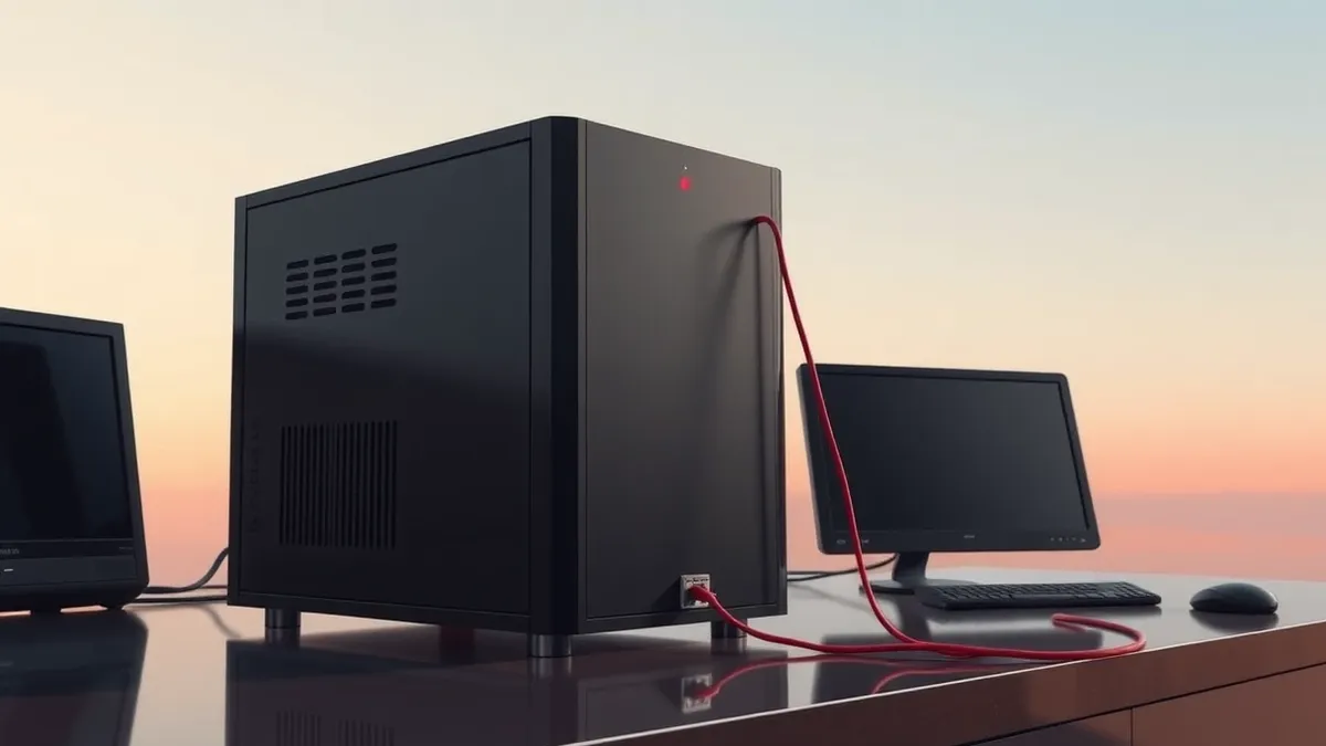 Illustration: A sleek black server tower sits on a polished desk, its front panel featuring blank ventilation slots and a single glowing blue status light.