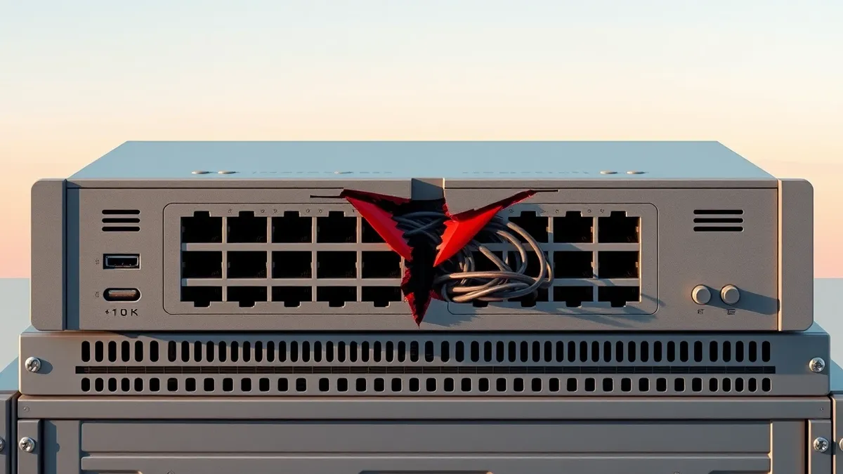 Illustration: A grey network switch sits on a metal rack with blank ports and abstract ventilation slots.