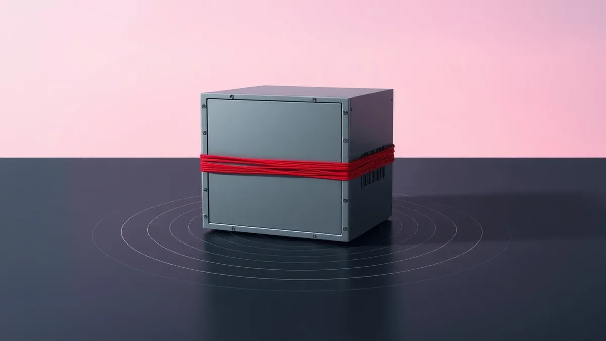 Illustration: A sleek, metallic server box sits isolated on a dark surface, its surface blank and featureless.