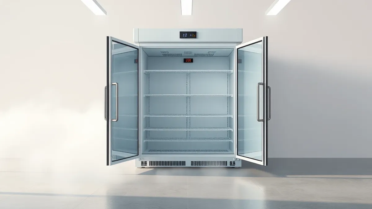 Illustration: A commercial supermarket refrigeration unit sits in a brightly lit aisle with its glass doors wide open and handles removed.