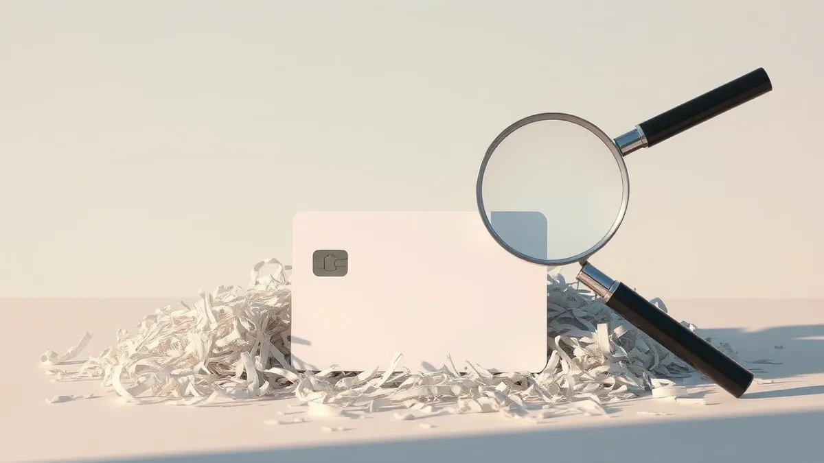 Illustration: A single blank credit card rests on a table beside a pile of shredded paper scraps.