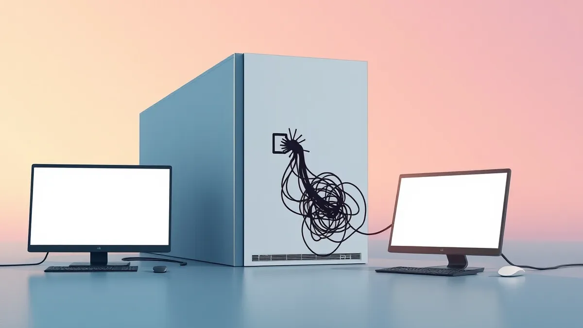 Illustration: A blank server interface displays a disrupted connection line that siphons off into a dark, tangled knot.