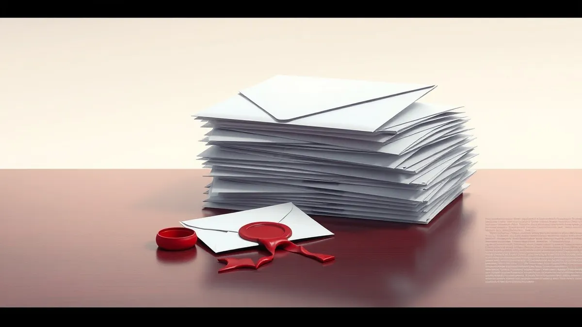 Illustration: A stack of blank white envelopes rests on a polished desk, their edges slightly frayed.