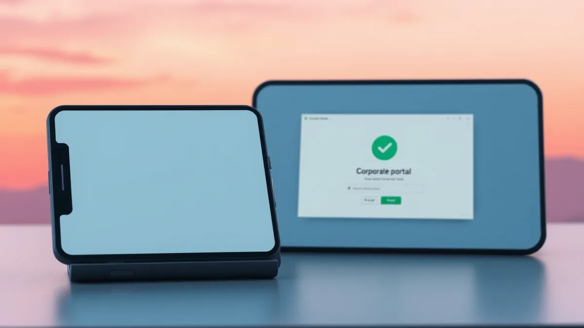Illustration: A sleek smartphone rests on a desk, displaying a blank login screen that mimics a corporate portal.
