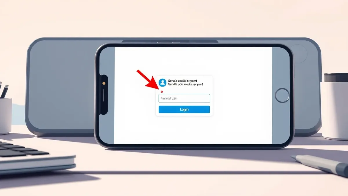 Illustration: A smartphone rests on a desk, displaying a generic social media support chat interface.