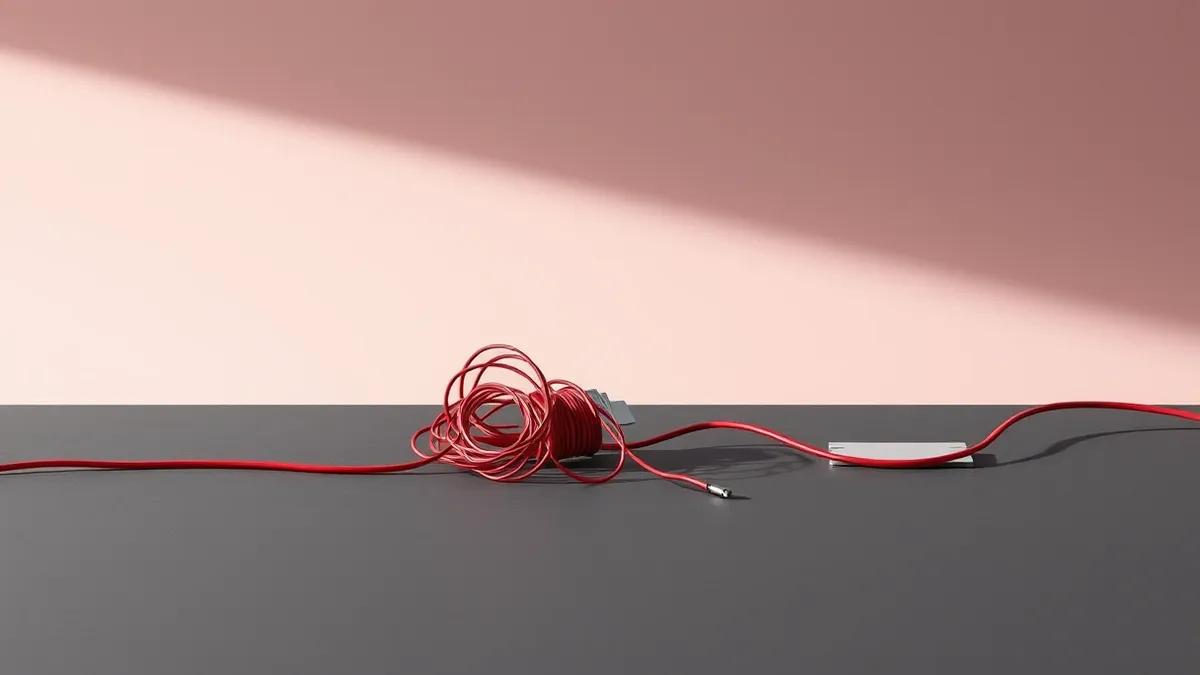 Illustration: A tangled knot of thin red wires sits loosely on a dark gray desk surface.