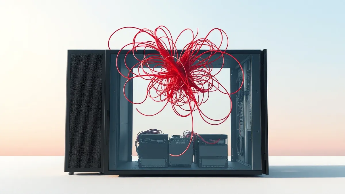 Illustration: A tangled knot of red wires erupts from the back of a blank black server box, piercing through a translucent protective glass shield to tangle with the internal compo