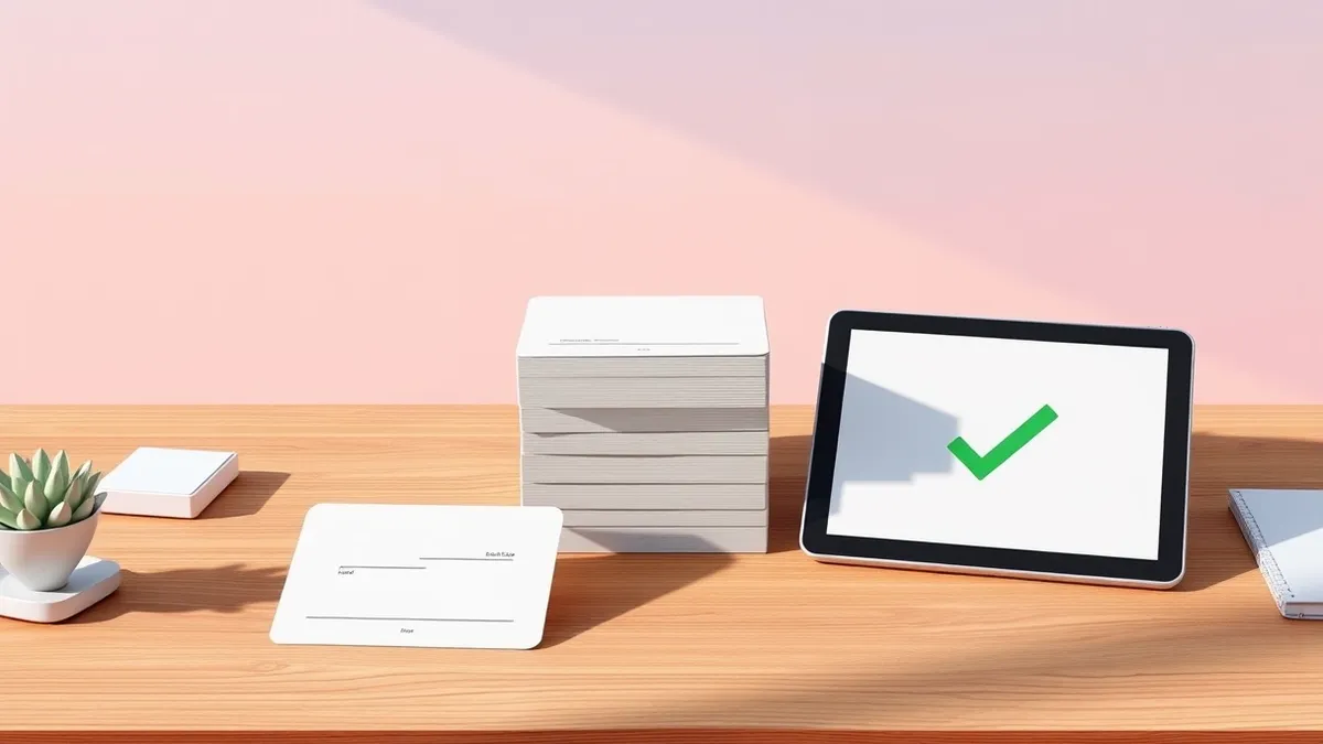 Illustration: A neat stack of white index cards sits on a clean wooden desk, each featuring simple abstract lines that represent structured rules.