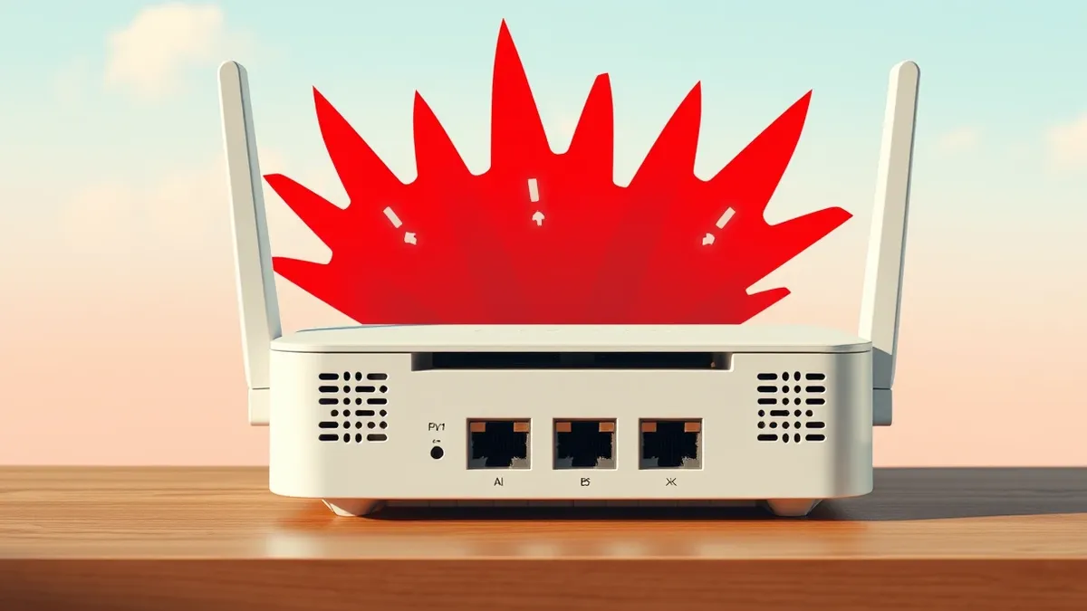 Illustration: A white wireless router sits on a wooden desk with its ethernet ports exposed.