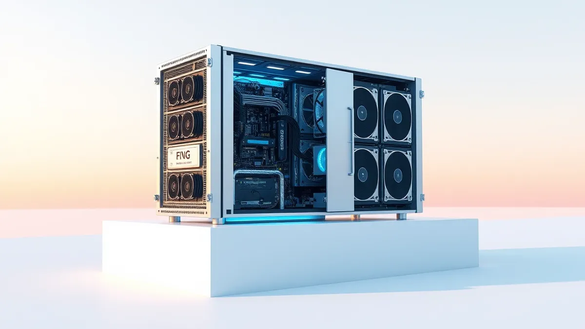 Illustration: A sleek, silver server module rests on a clean white pedestal, its side panel open to reveal intricate circuit boards and cooling fans.