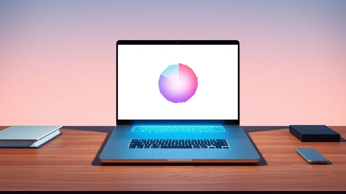 Illustration: A sleek laptop sits open on a wooden desk, its screen displaying a single, vibrant geometric circle that subtly fractures into pixelated shards.