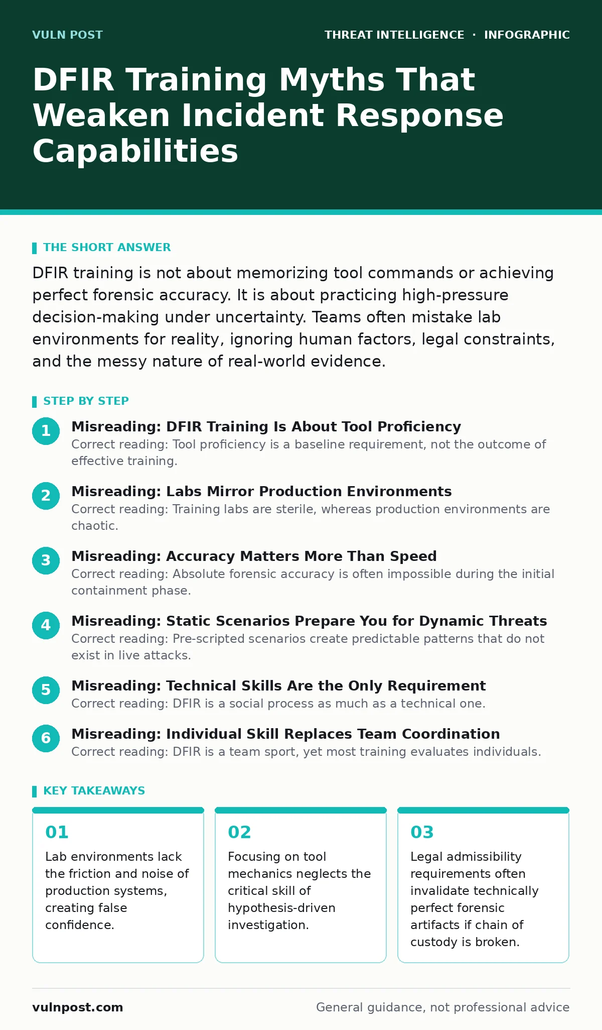 Infographic: DFIR Training Myths That Weaken Incident Response Capabilities. Lab environments lack the friction and noise of production systems, creating false confidence. Focusing on tool mechanics neglects the critical skill of hypothesis-driven investigation. Legal admissibility requirements ofte