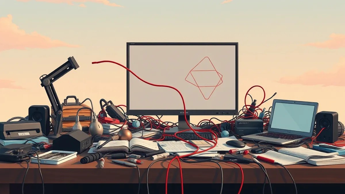 Illustration: A chaotic desk scene shows scattered forensic tools, tangled cables, and a blank monitor displaying abstract geometric shapes.