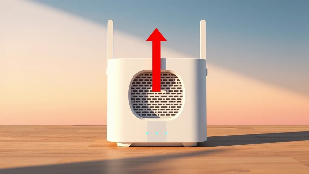 Illustration: A white home router sits on a wooden table with its power light glowing steadily.