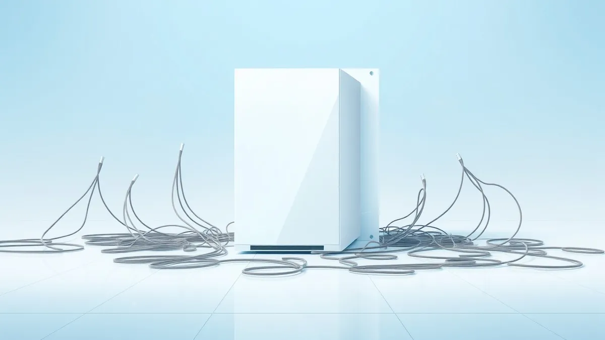 Illustration: A sleek white server unit sits isolated on a sterile floor, its surface reflecting soft blue light.