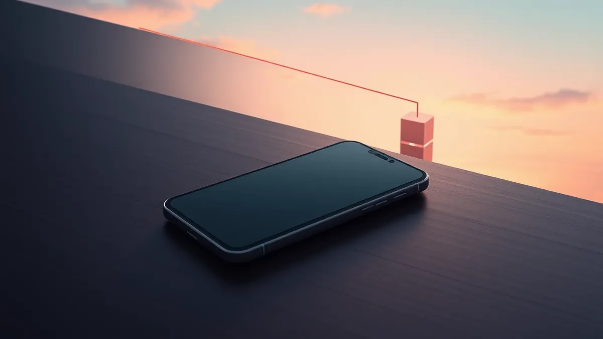 Illustration: A sleek smartphone rests on a dark wooden desk, its blank screen reflecting a soft overhead light.