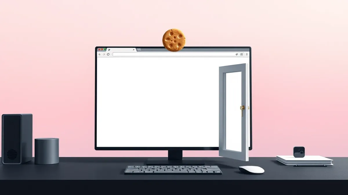 Illustration: A blank browser window sits on a dark desk, displaying only abstract geometric shapes in its interface.