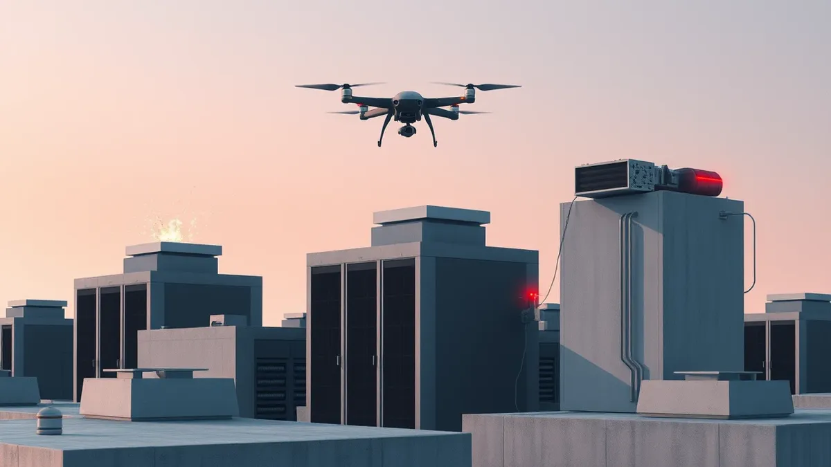 Illustration: A low-flying military drone hovers above a cluster of modern server buildings, its shadow casting long shapes across the concrete roofs.