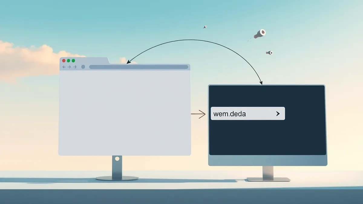 Illustration: A web browser window displays a blank page while an arrow curves from one generic domain box to another.