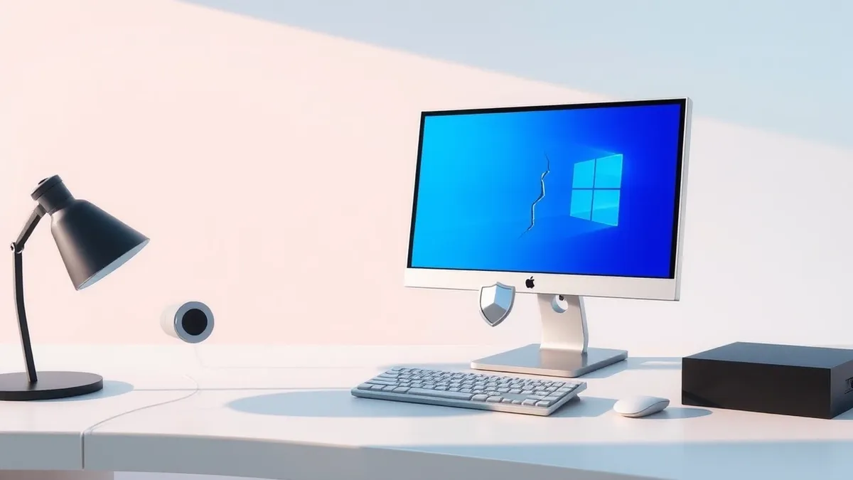 Illustration: A sleek desktop computer sits on a clean white desk, its monitor displaying a generic blue window with a subtle crack forming at the center.