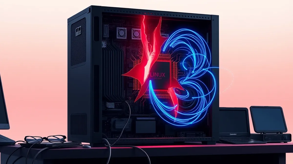 Illustration: A sleek black Linux server sits on a cluttered desk, its side panel removed to expose intricate circuit boards.