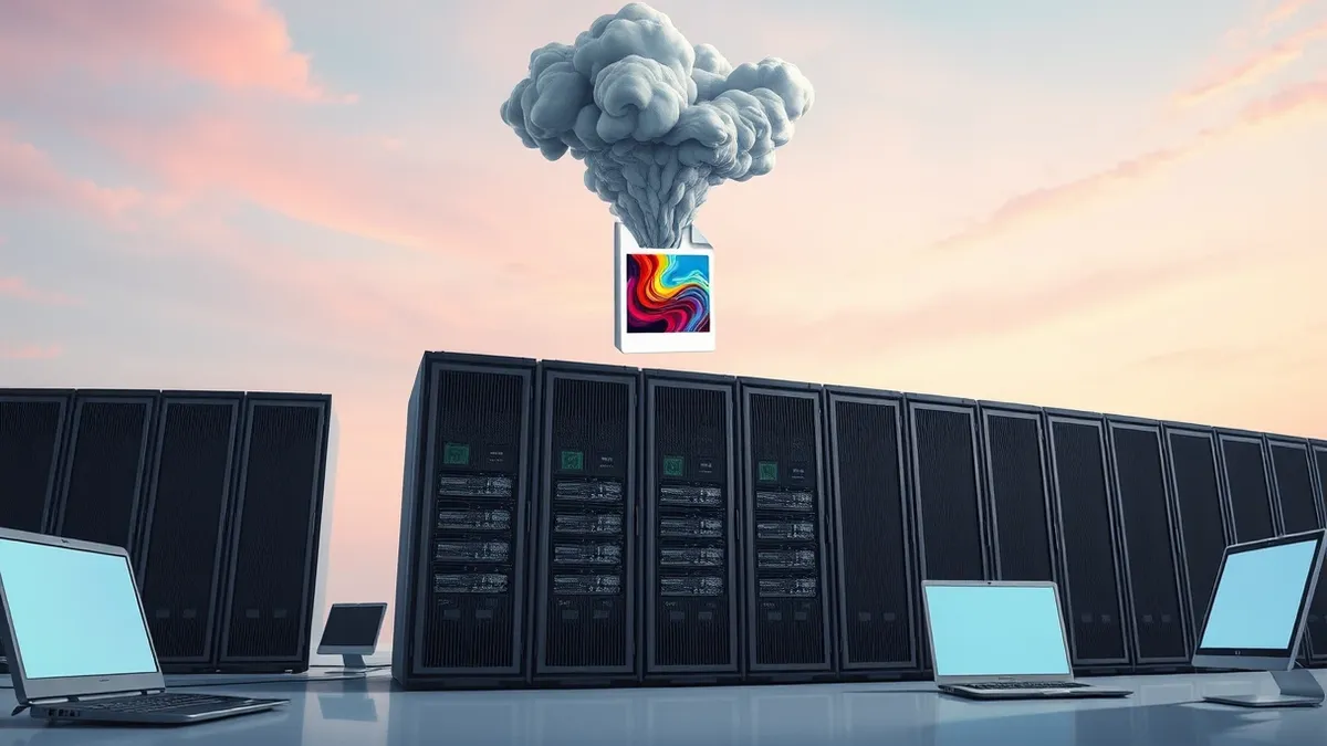 Illustration: A small, colorful animated image file floats above a server rack, emitting swirling streams of gray smoke that rapidly expand to choke the hardware.
