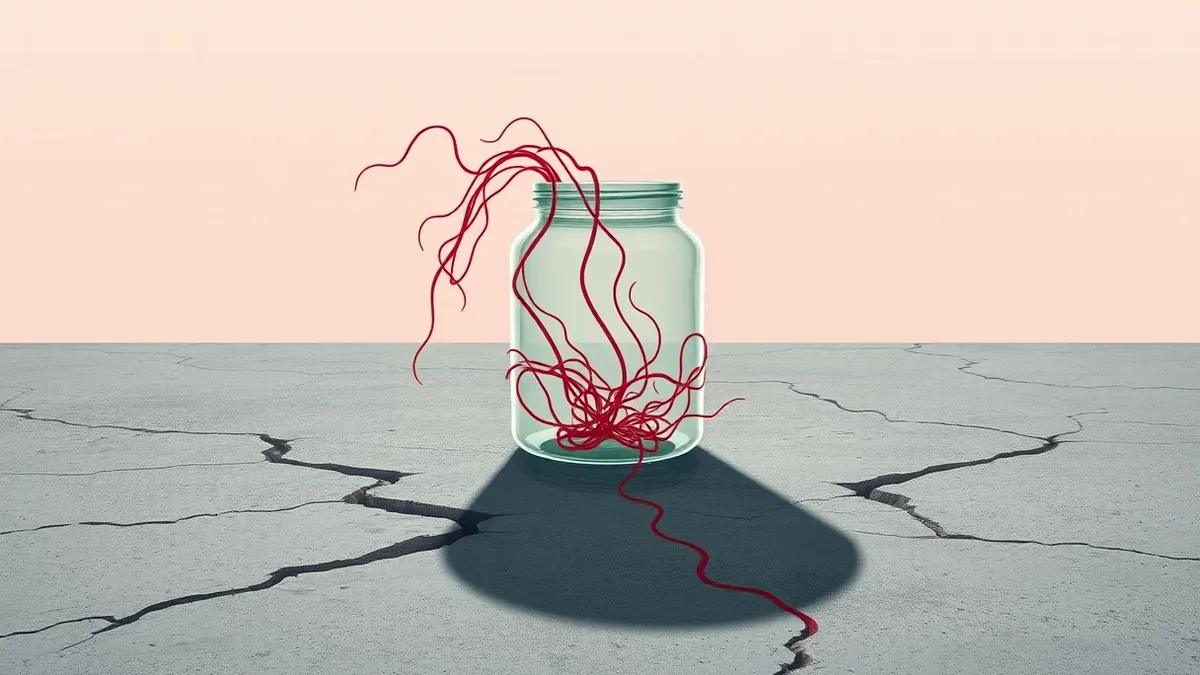 Illustration: A translucent glass jar sits on a concrete floor with its lid slightly ajar, revealing tangled red threads escaping through the opening.