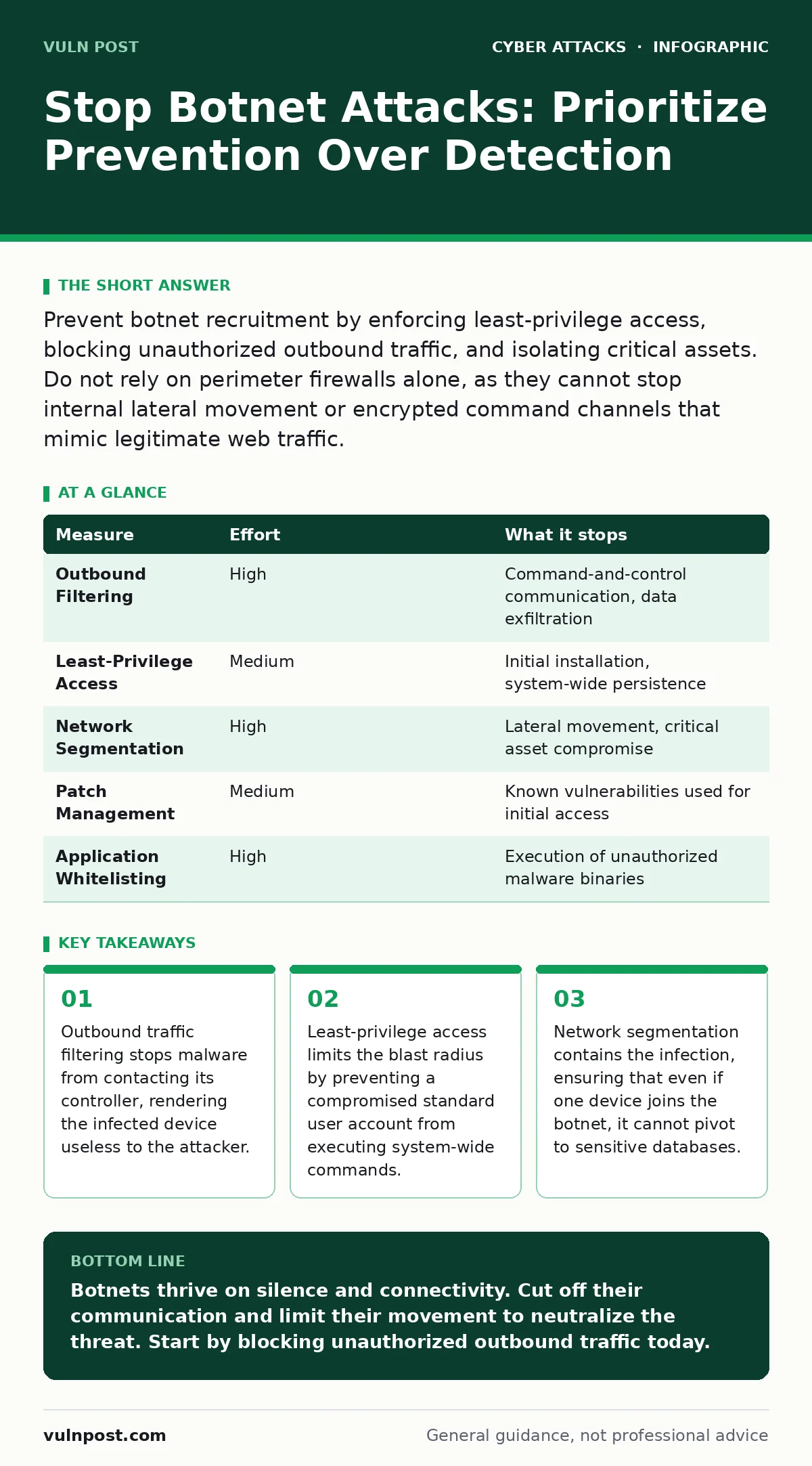 Infographic: Stop Botnet Attacks: Prioritize Prevention Over Detection. Outbound traffic filtering stops malware from contacting its controller, rendering the infected device useless to the attacker. Least-privilege access limits the blast radius by preventing a compromised standard user account fro