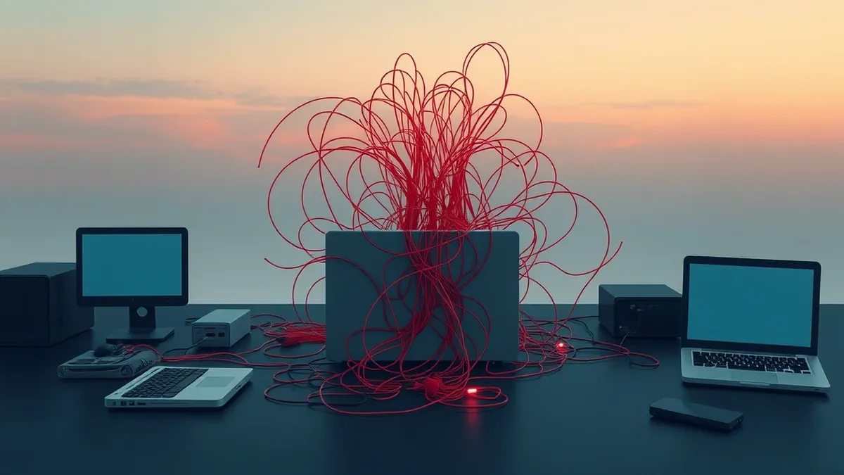 Illustration: A tangled mass of thin red wires emerges from the back of a standard office laptop, connecting to numerous other dormant devices scattered across a dark desk.