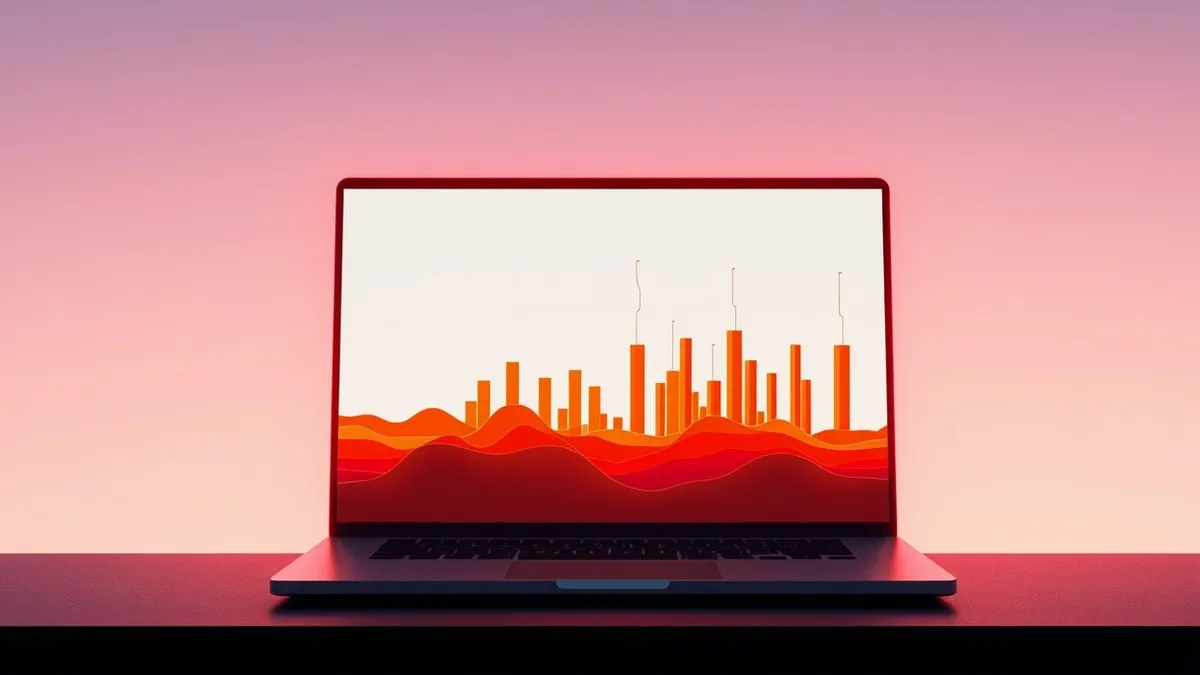 Illustration: A glowing laptop sits on a dark desk, its blank screen displaying vibrant, stacked horizontal bars in warm orange and red hues that rise like flames.